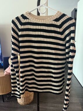 Banana Republic Black and Cream Striped Rib-Knit Crew Sweater